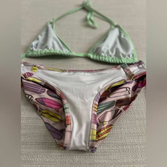 Vintage VS Zipper Bikini Bottom Surf Board Print Breakwater Top Swimsuit M & L - Picture 12 of 16